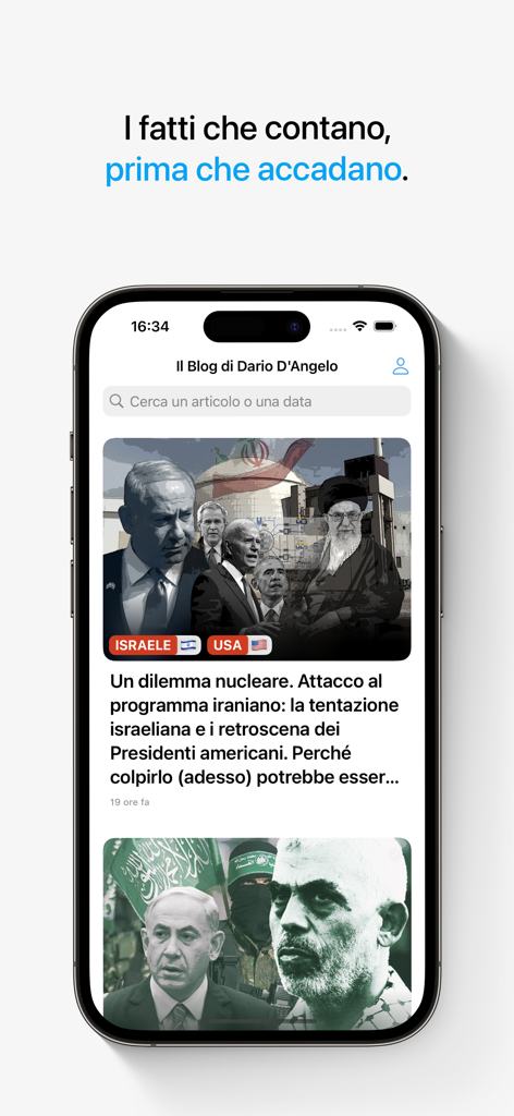 지정학 뉴스 기사를 보여주는 Il Blog di Dario D Angelo 앱 인터페이스