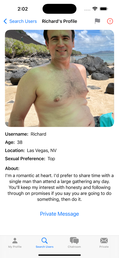 Asian Gay Chat - A user profile page in the Asian Gay Chat app displaying a photo and personal bio.