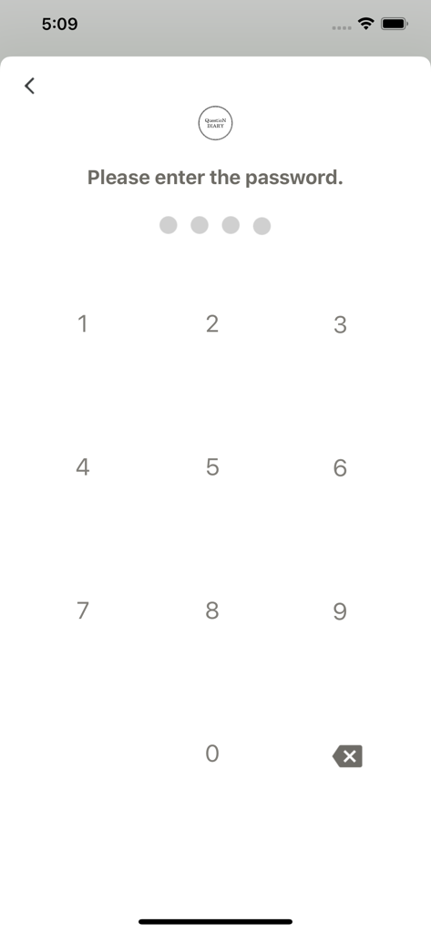 Question Diary - Passcode entry screen for the Question Diary app with a numeric keypad