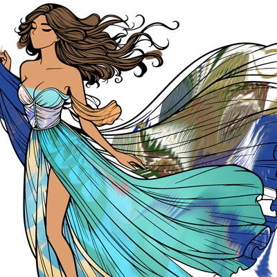 realistic woman in dress flowing the the wind