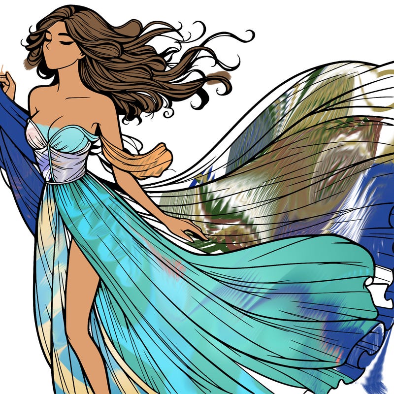 realistic woman in dress flowing the the wind