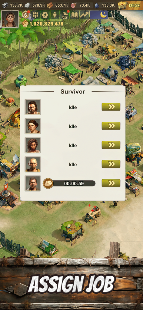 캠프 보기 위에서 유휴 상태의 캐릭터와 직무 할당이 표시되는 LOST in Blue 2의 생존자 관리 메뉴