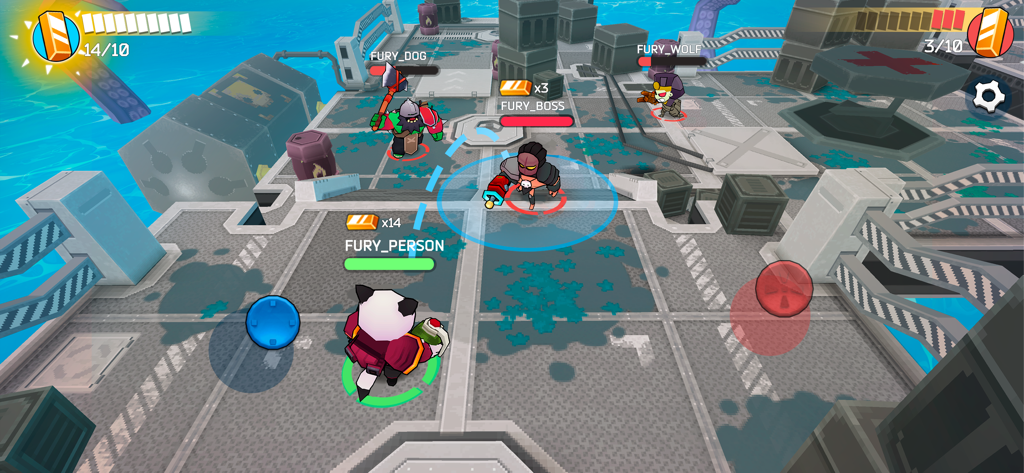 Eine Draufsicht auf Charaktere in einer Kampfarena in Fury Wars Online.