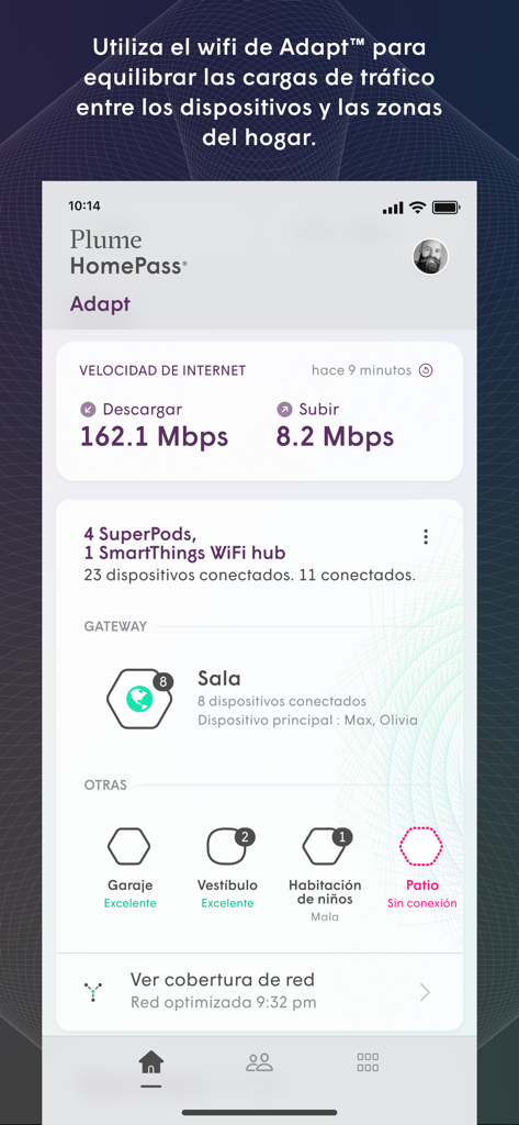 TIGO wifi+ - Panel de la aplicación Tigo wifi plus mostrando velocidades de Internet y estado de la conexión para diferentes habitaciones de la casa