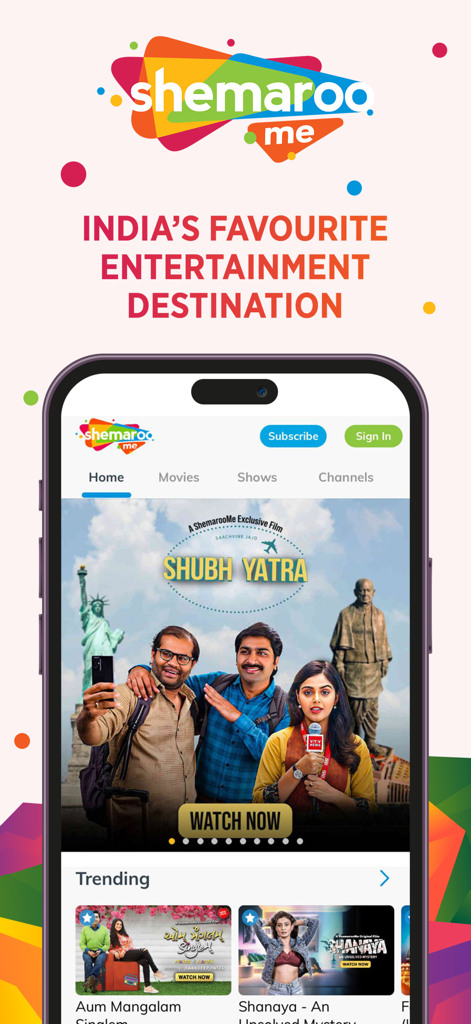 ShemarooMe app home screen showing regional Indian movies and shows