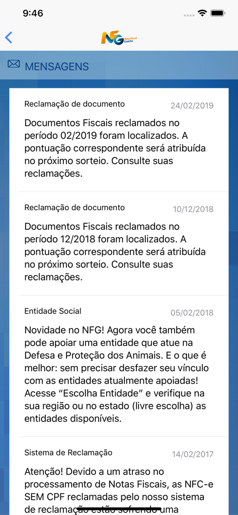 Liste des messages dans l'application Nota Fiscal Gaucha affichant des notifications sur les documents fiscaux et les entités sociales.