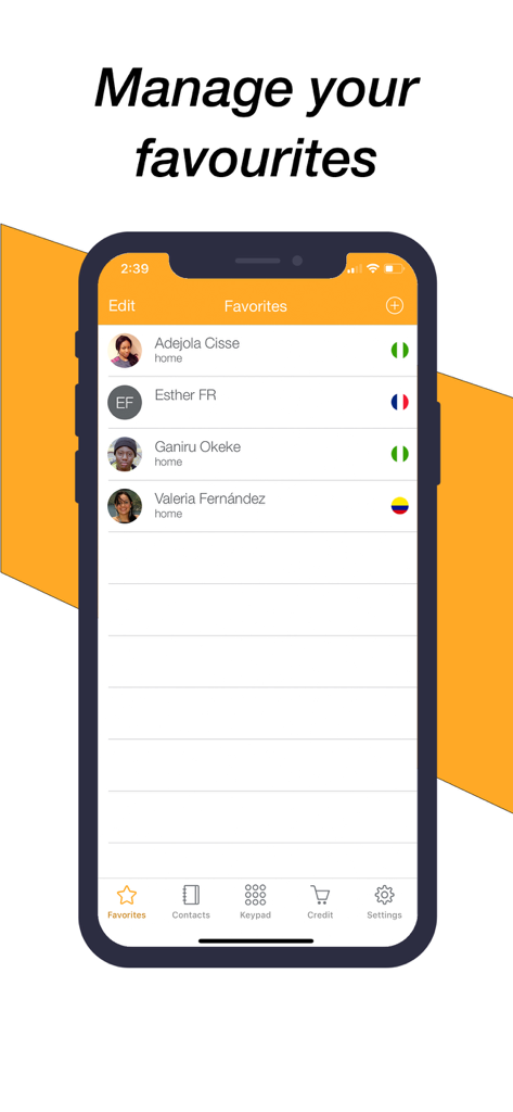 toolani: International Calling - 国旗付きの国際連絡先が表示されたtoolaniアプリのお気に入り画面。