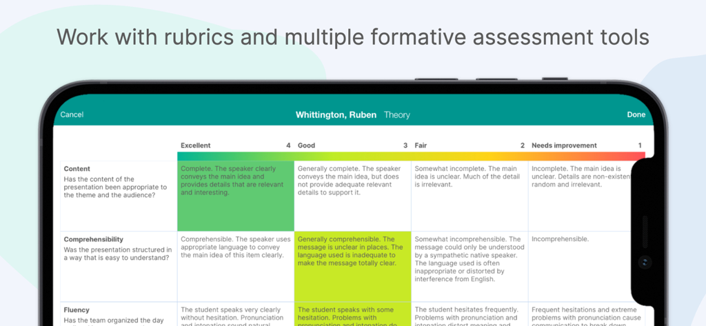 Additio App, Teacher gradebook - Interfaz móvil de Additio App mostrando a un profesor calificando a un alumno utilizando una rúbrica de evaluación detallada.