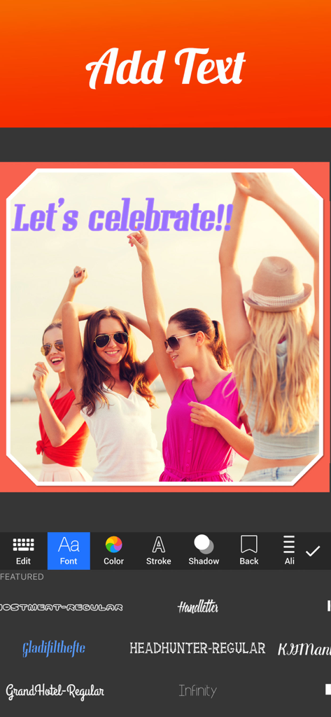 Photo Collage Maker & Creator - A mobile app screen showing how to add text and choose fonts for a photo collage