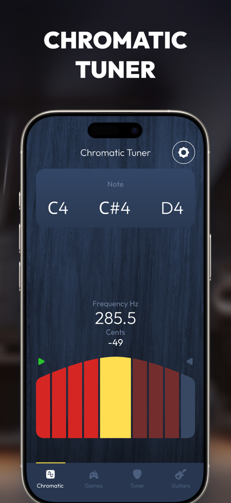 Guitar Tuner: Bass & Fender - Chromatic tuner screen showing note frequency and tuning meter