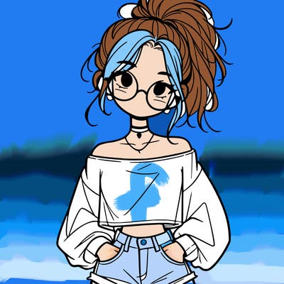 girl with a messy ponytail glasses a baggy crop top and jean shorts