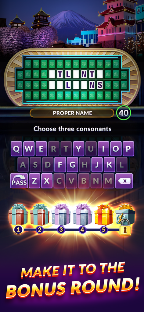 Wheel of Fortune: Show Puzzles - Pantalla de juego móvil de Wheel of Fortune Show Puzzles mostrando un tablero de puzzles de palabras y recompensas de ronda de bonificación.