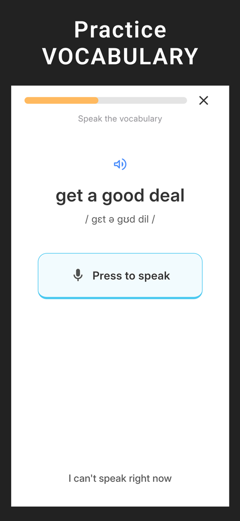 Lang Shadow: English Shadowing - English vocabulary practice screen in the Lang Shadow app featuring a pronunciation check for the phrase get a good deal.