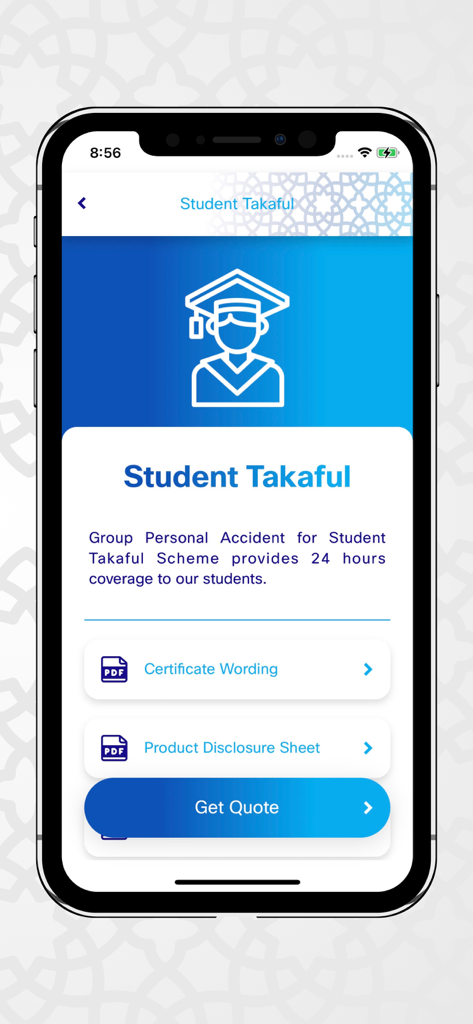 Student Takaful screen on the Insurans Islam TAIB app showing a summary and a button to get a quote.