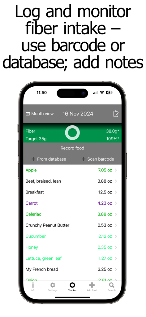 Fiber Counter and Tracker - A smartphone screen displaying the Fiber Counter and Tracker app with a list of foods and fiber progress