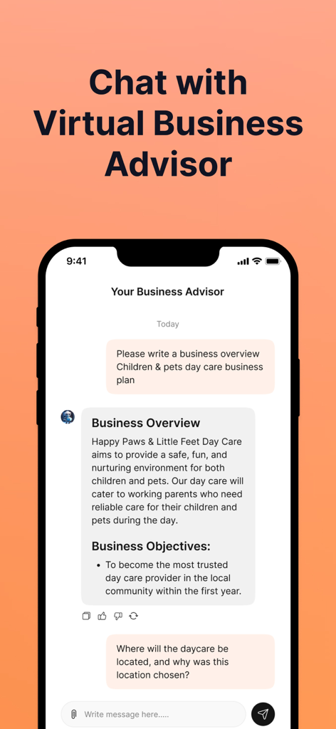 Bizplanr - AI Business Planner - Smartphone screen showing a chat with the Bizplanr AI Virtual Business Advisor about a daycare business plan