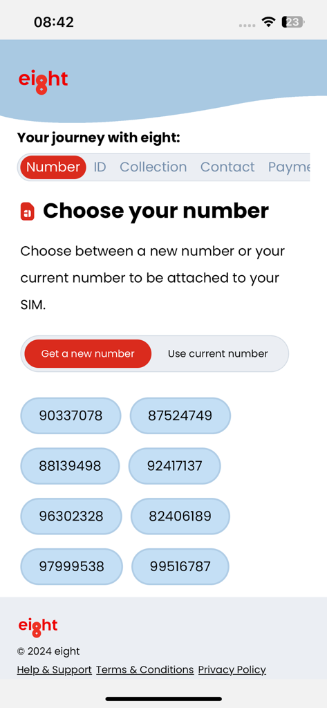 eight Telecom - Screen showing a list of available phone numbers to select in the eight app.