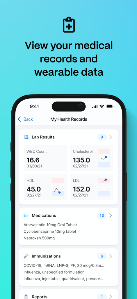 MyDataHelps - Smartphone screen displaying medical records including lab results and medications in the MyDataHelps app.