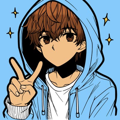 teenage manga boy in a hoodie, doing ✌