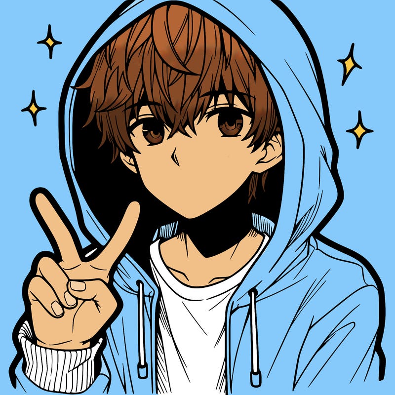 teenage manga boy in a hoodie, doing ✌