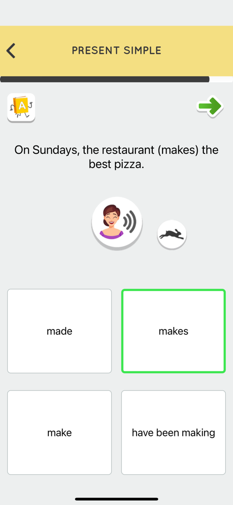 Learn English Grammar Easily - Una pantalla de aplicación móvil que muestra un ejercicio de tiempo verbal Presente Simple con opciones de opción múltiple.