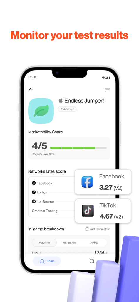 Supersonic App - A smartphone showing the Supersonic App dashboard with marketability scores and network test results for game developers