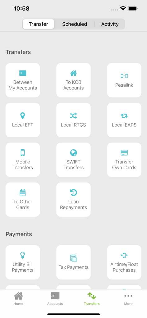 KCB iBank - Mobile app interface of KCB iBank showing a menu of transfer and payment options including mobile transfers and utility payments