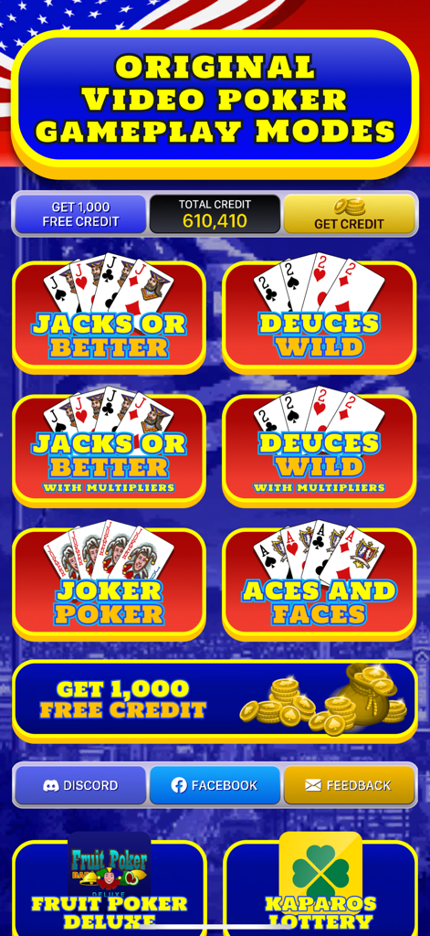 ジャックス・オア・ベターやデュース・ワイルドを含む6つの異なるゲームモードが表示されたアメリカンビデオポーカーアプリのメインメニュー。