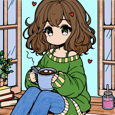 cute anime girl reading book and drinking hot chocolate from mug with loose wavy hair wearing a baggy sweatshirt and shorts sitting by windowsill looking out