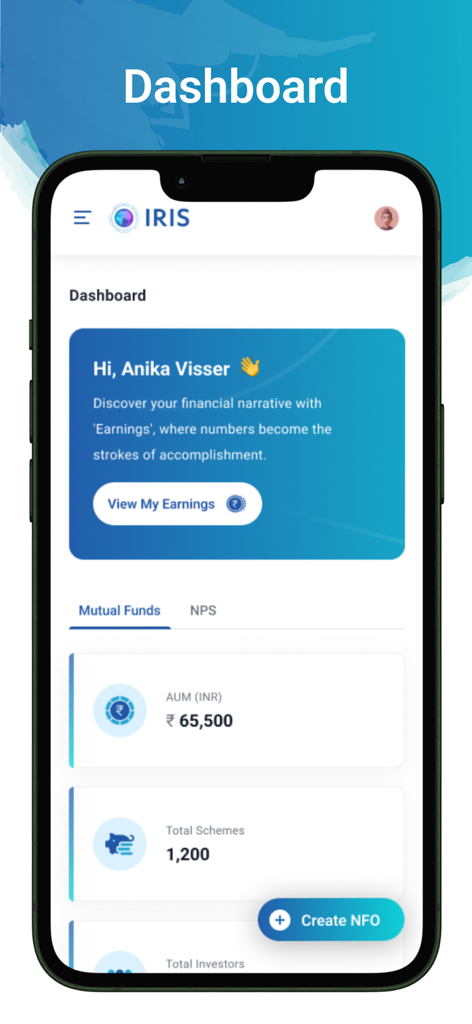 IRIS by Kfintech - Panel de IRIS by Kfintech que muestra activos de fondos mutuos y datos de inversión para distribuidores financieros