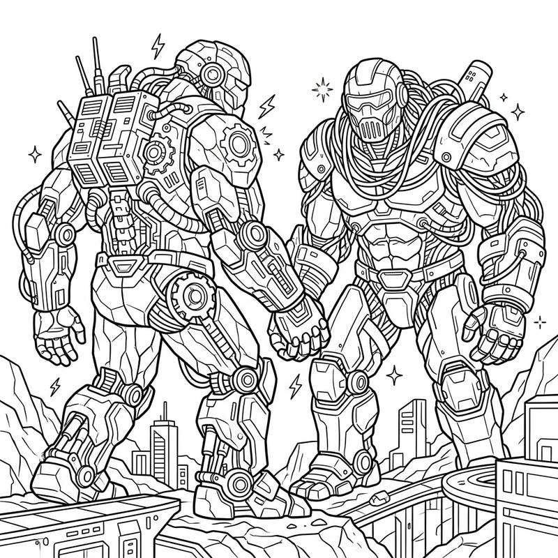 Step into a world where colossal mountain giants meet futuristic cyberpunk aesthetics. This intricately detailed coloring page offers a thrilling blend of power and high-tech design.