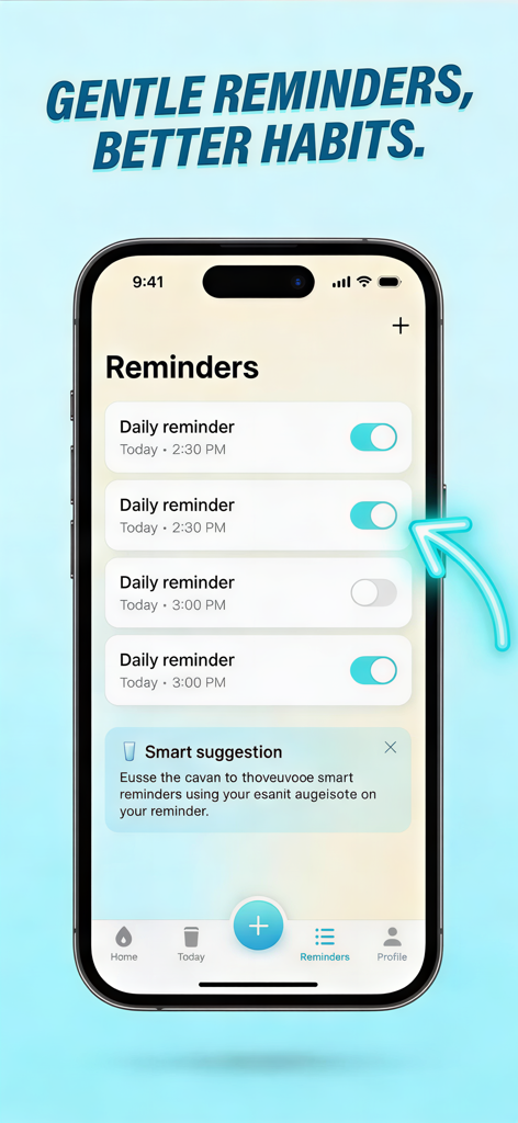 Water reminder & intake - WATR - Pantalla de un smartphone que muestra la página de gestión de recordatorios de la aplicación de hidratación WATR con interruptores y sugerencias inteligentes.