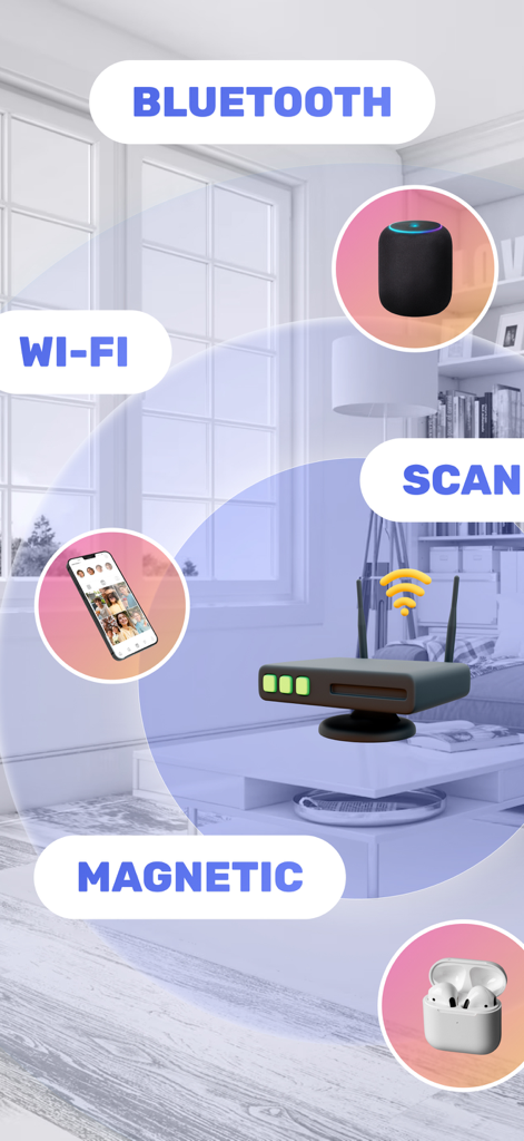 Device Tracking - Bug Detector - Interfaz de una aplicación móvil que muestra opciones de escaneo para Bluetooth, Wi-Fi y campos magnéticos para detectar dispositivos ocultos