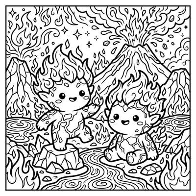 Dive into a world of molten cuteness with our Kawaii Fire Trolls coloring page! These adorable, fire-haired creatures are ready for your creative touch amidst a vibrant volcanic landscape.