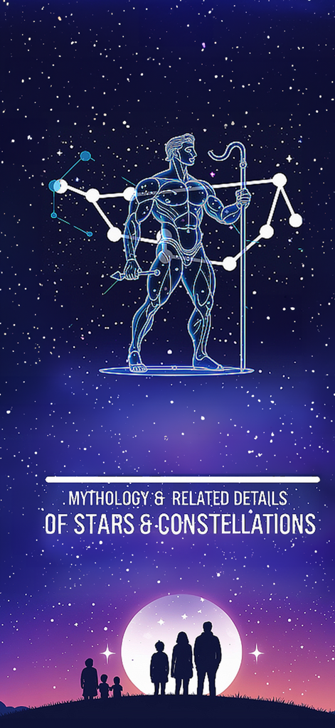 A night sky featuring a constellation myth illustration and a family stargazing