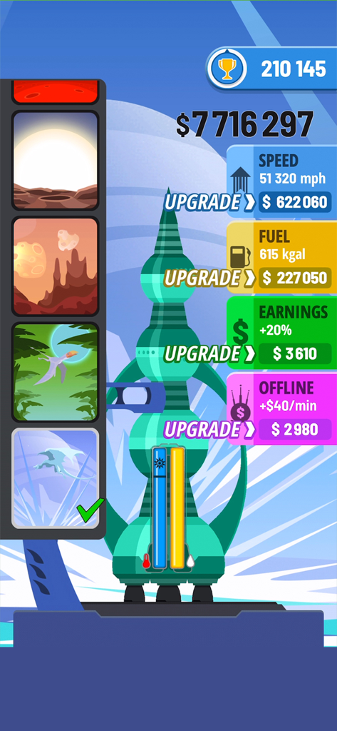 Rocket Sky! - Lo schermo di potenziamento e selezione del pianeta del gioco mobile Rocket Sky che mostra le statistiche di velocità e carburante.