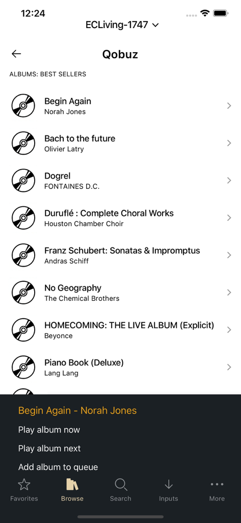 EC Play - EC Play app interface displaying a list of Qobuz albums and playback control options.