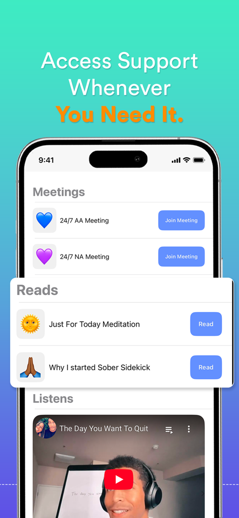 Sober SideKick: Quit Addiction - Sober Sidekick app screen showing 24/7 recovery meetings and articles