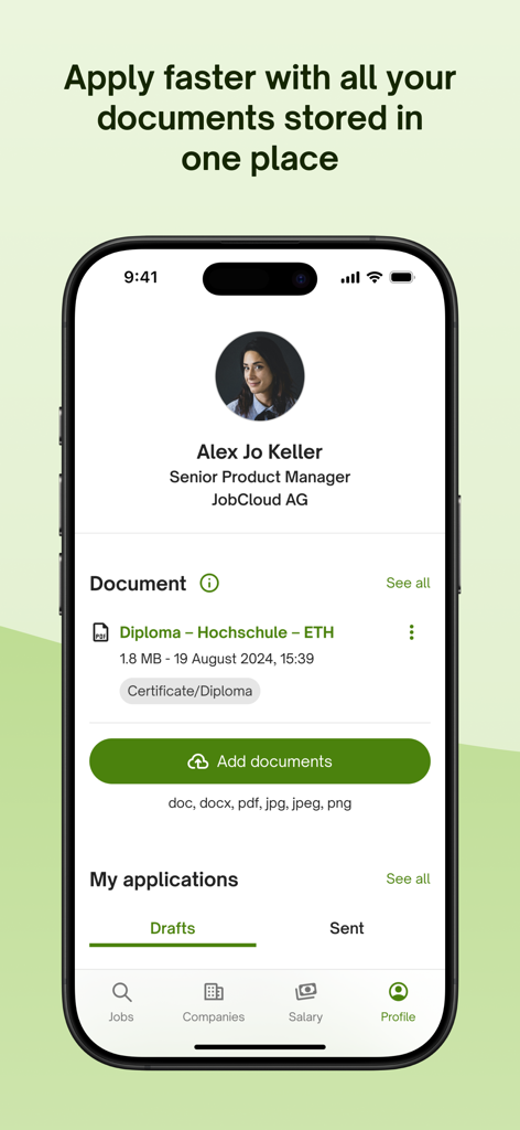 Mobile app interface showing a user profile with stored professional documents and application drafts