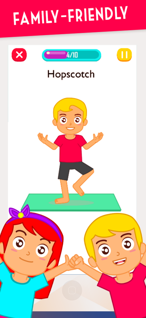 Exercise for Kids at home - Cartoon boy performing hopscotch exercise in a family-friendly kids fitness app interface