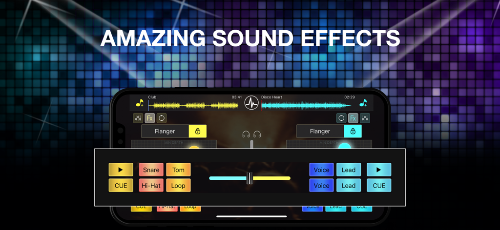 Interfaz de aplicación de DJ móvil que presenta efectos de sonido profesionales y pads de audio