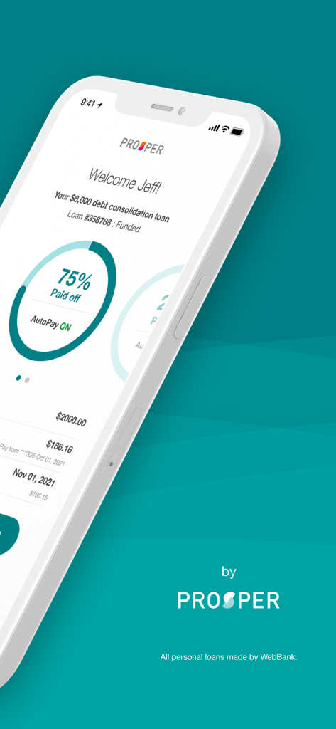 Prosper: Personal Loans - Prosperアプリインターフェース、債務整理ローンの返済状況を表示