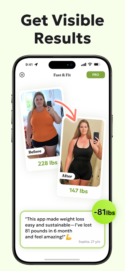 Transformación de pérdida de peso antes y después mostrando 81 libras perdidas con la app Fast and Fit