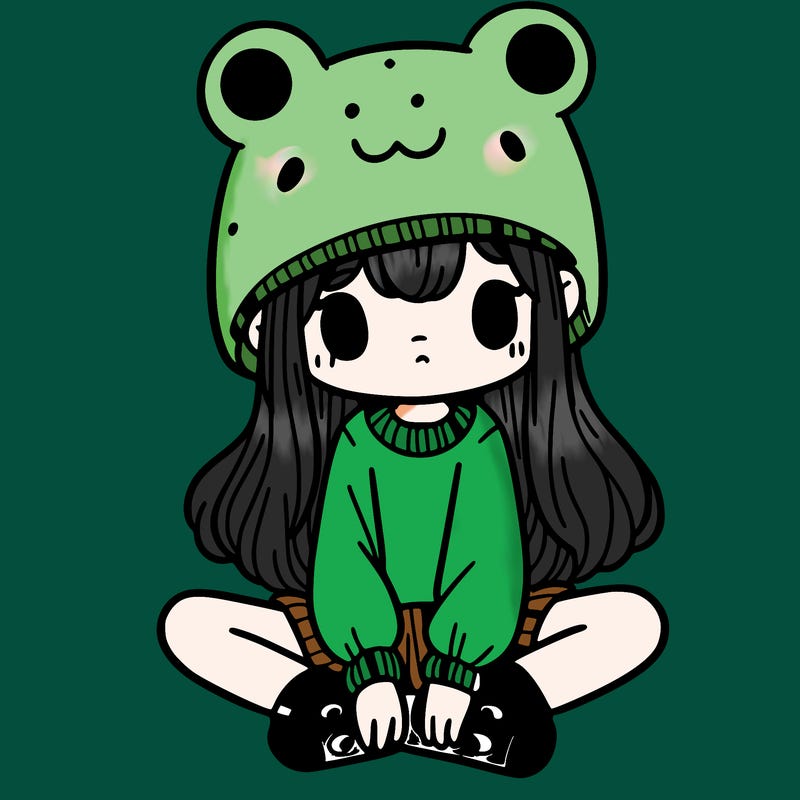 a girl wearing a frog hat and some frog socks