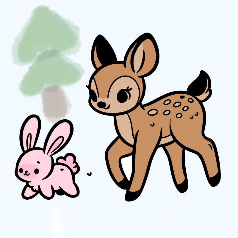a fawn walking with a cute bunny