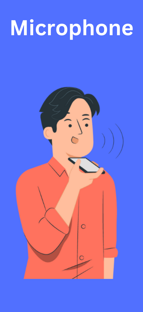 Microphone: Megi - 男性がMegiアプリを使って音声を増幅するためにスマートフォンに話しかけているイラスト