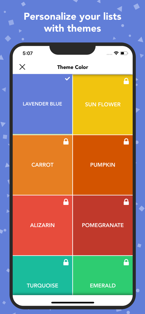 Lists To-do - A menu in the Lists To-do app displaying various vibrant color theme options for list personalization.