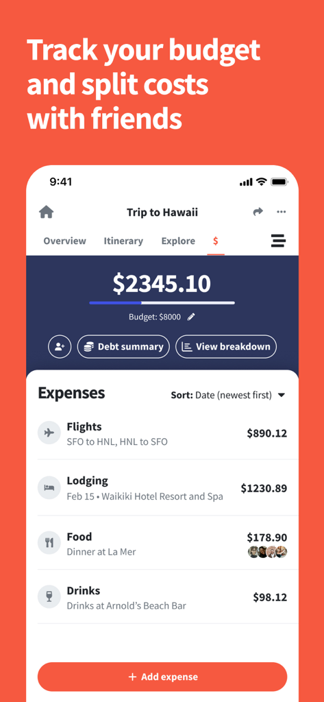 Wanderlog - Travel Planner - Interfaccia dell'app mobile di Wanderlog che mostra un riepilogo del budget e le spese di viaggio categorizzate