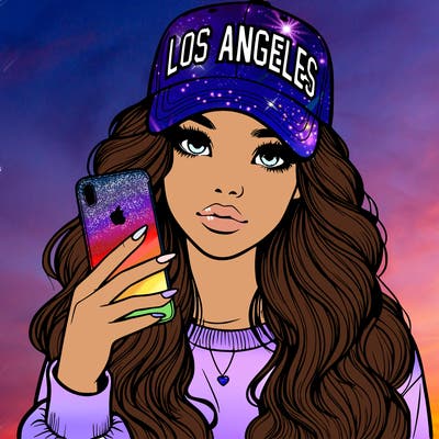 realistic beautiful girl wearing los ángeles cap holding an iphone