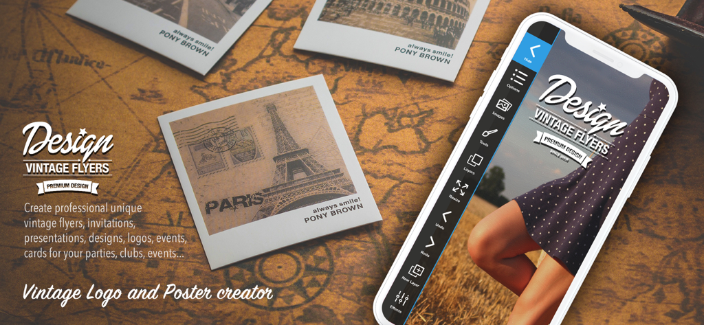 スマートフォンの画面にヴィンテージのチラシデザインと編集ツールが表示されている、Vintage Logo and Poster Makerアプリのインターフェース